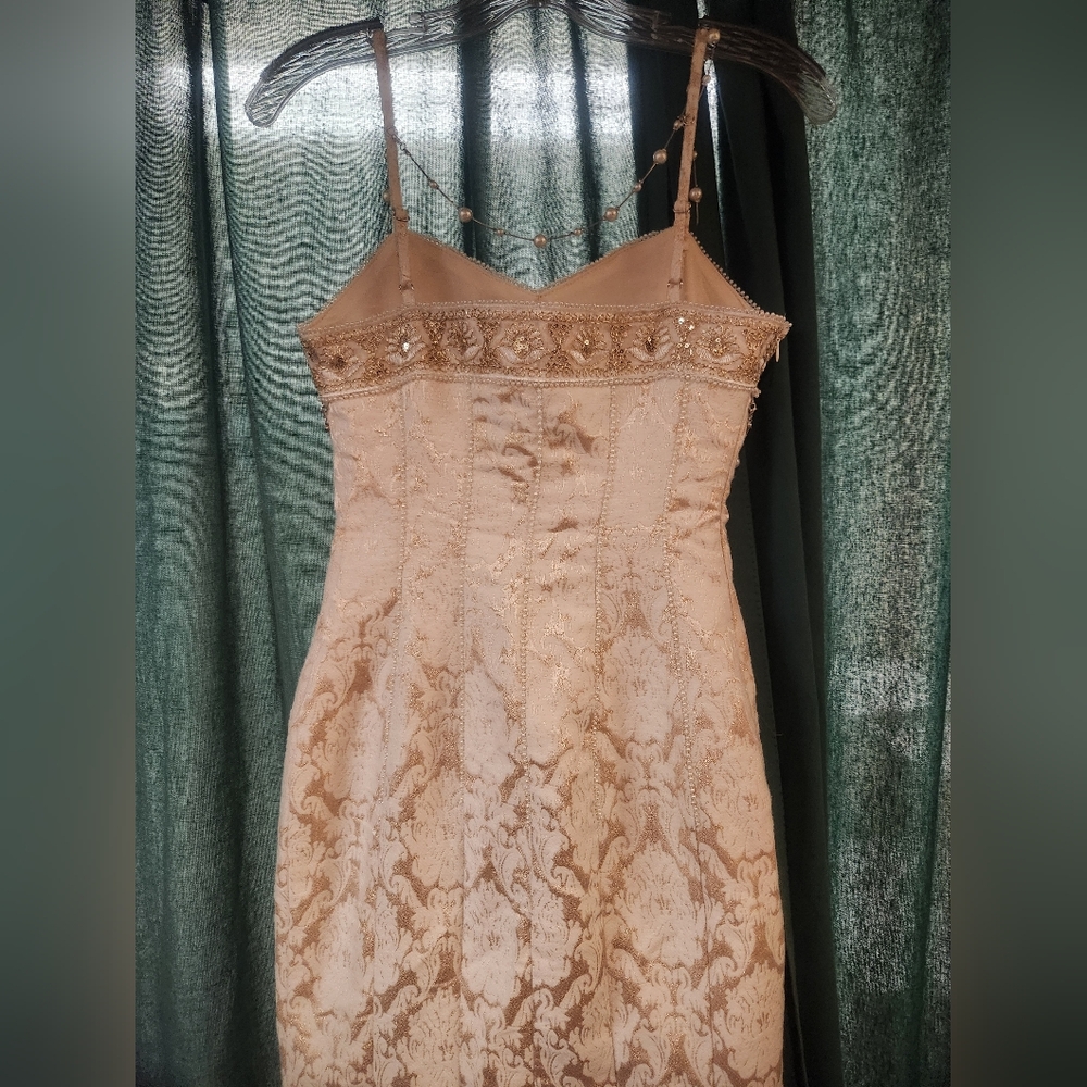 Zara Floor Length Cream/ Gold Dress with Gold Accents and Removable Jewel Accent - Picture 4 of 8